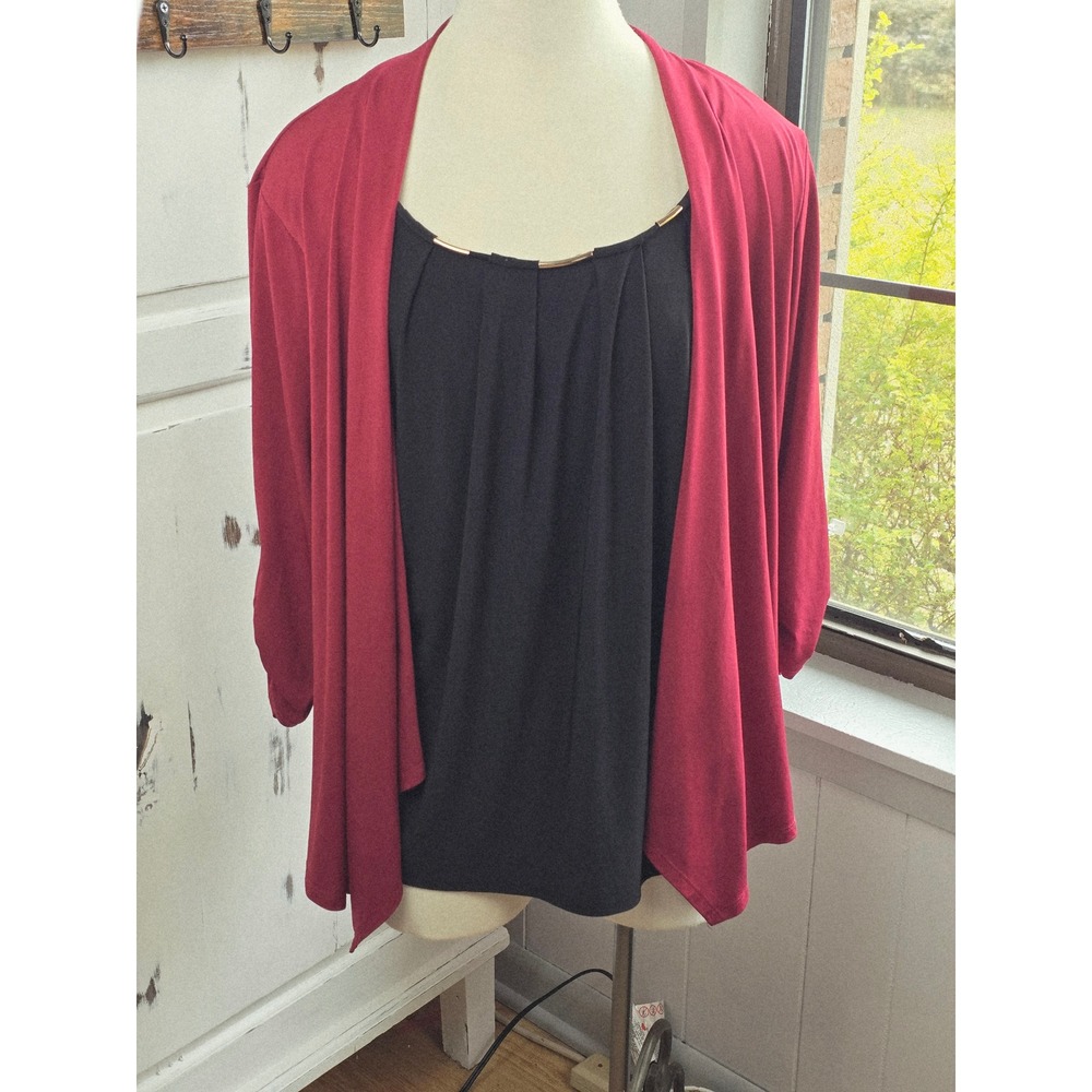 Corvia‎ Layered Look Cardigan Blouse Top Burgundy Black Metal Accent L